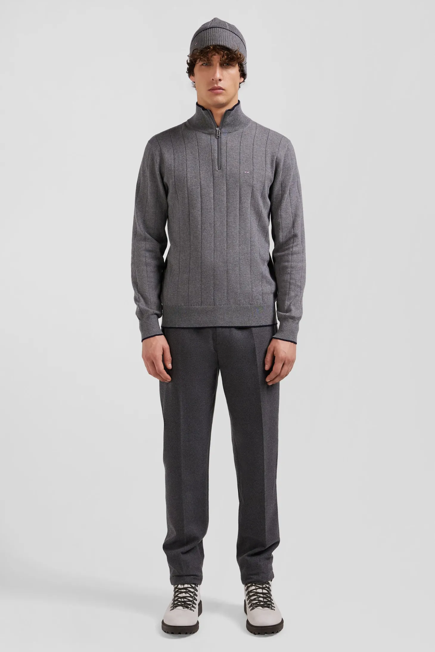 Pull col camionneur en coton et cachemire gris coupe Regular