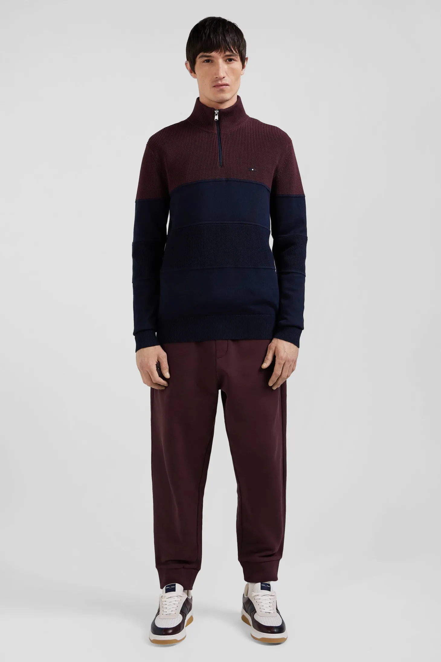 Pull col camionneur en coton bordeaux à jeux de maille coupe Regular