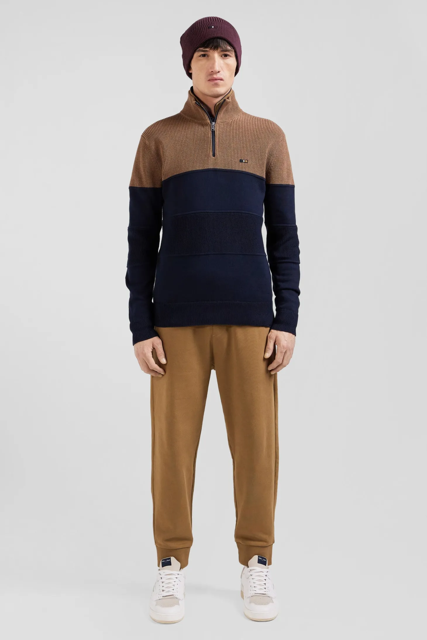 Pull col camionneur en coton camel à jeux de maille coupe Regular