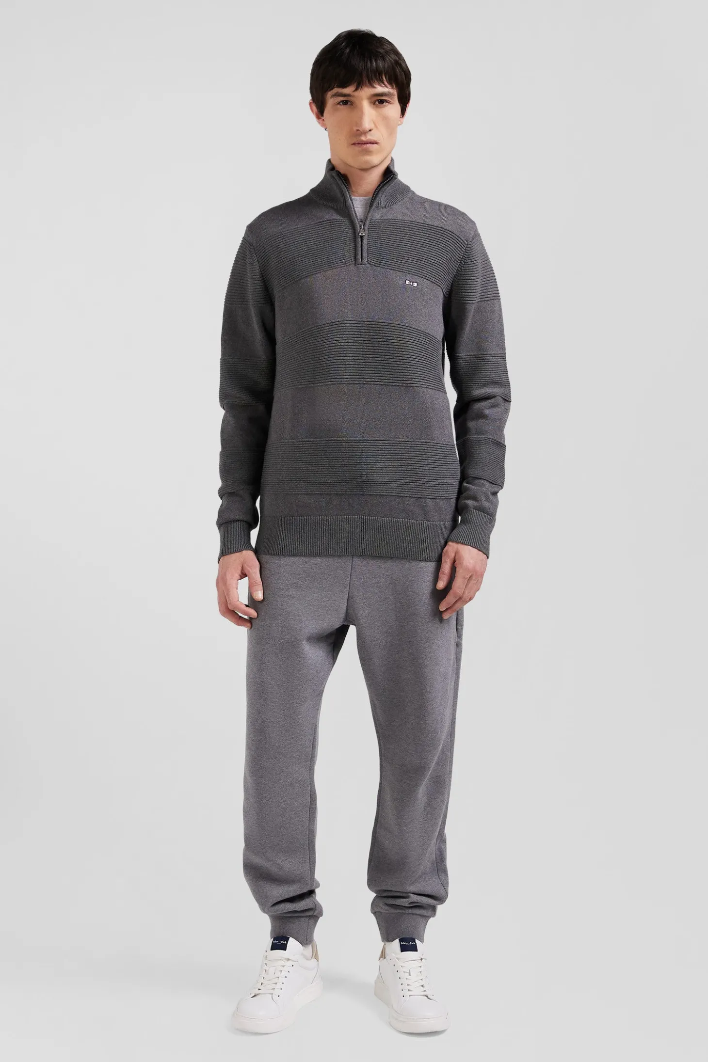 Pull col camionneur en coton gris à jeux de maille coupe Regular