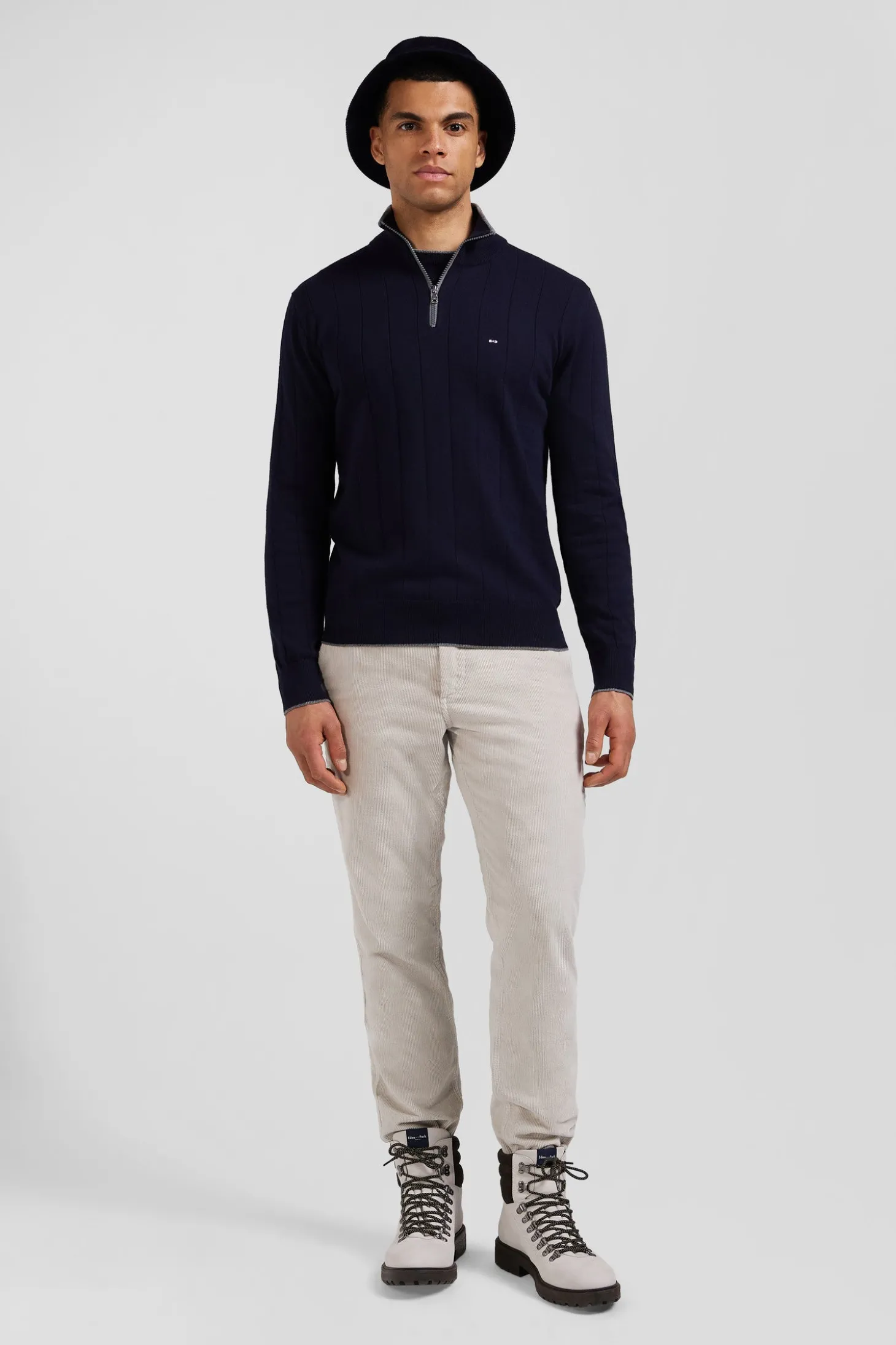 Pull col camionneur en coton et cachemire bleu marine coupe Regular