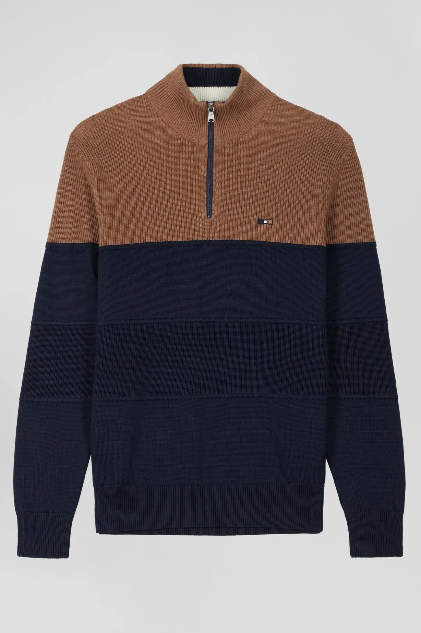 Pull col camionneur en coton camel à jeux de maille coupe Regular