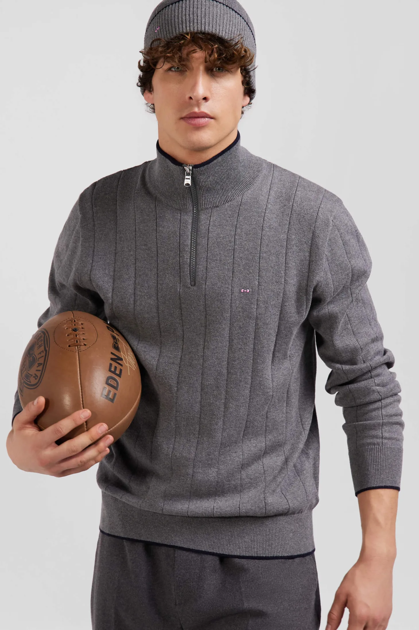 Pull col camionneur en coton et cachemire gris coupe Regular