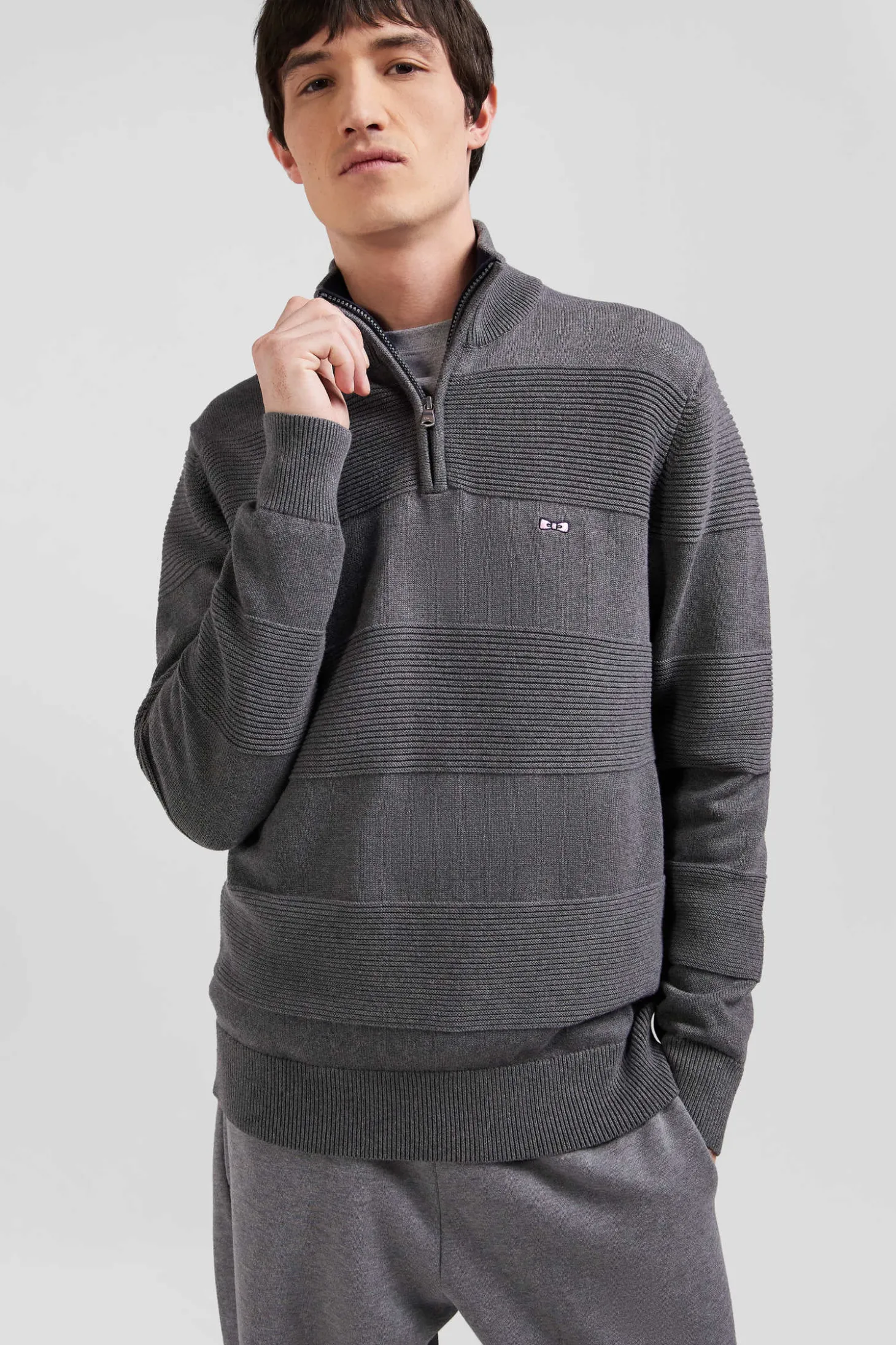 Pull col camionneur en coton gris à jeux de maille coupe Regular