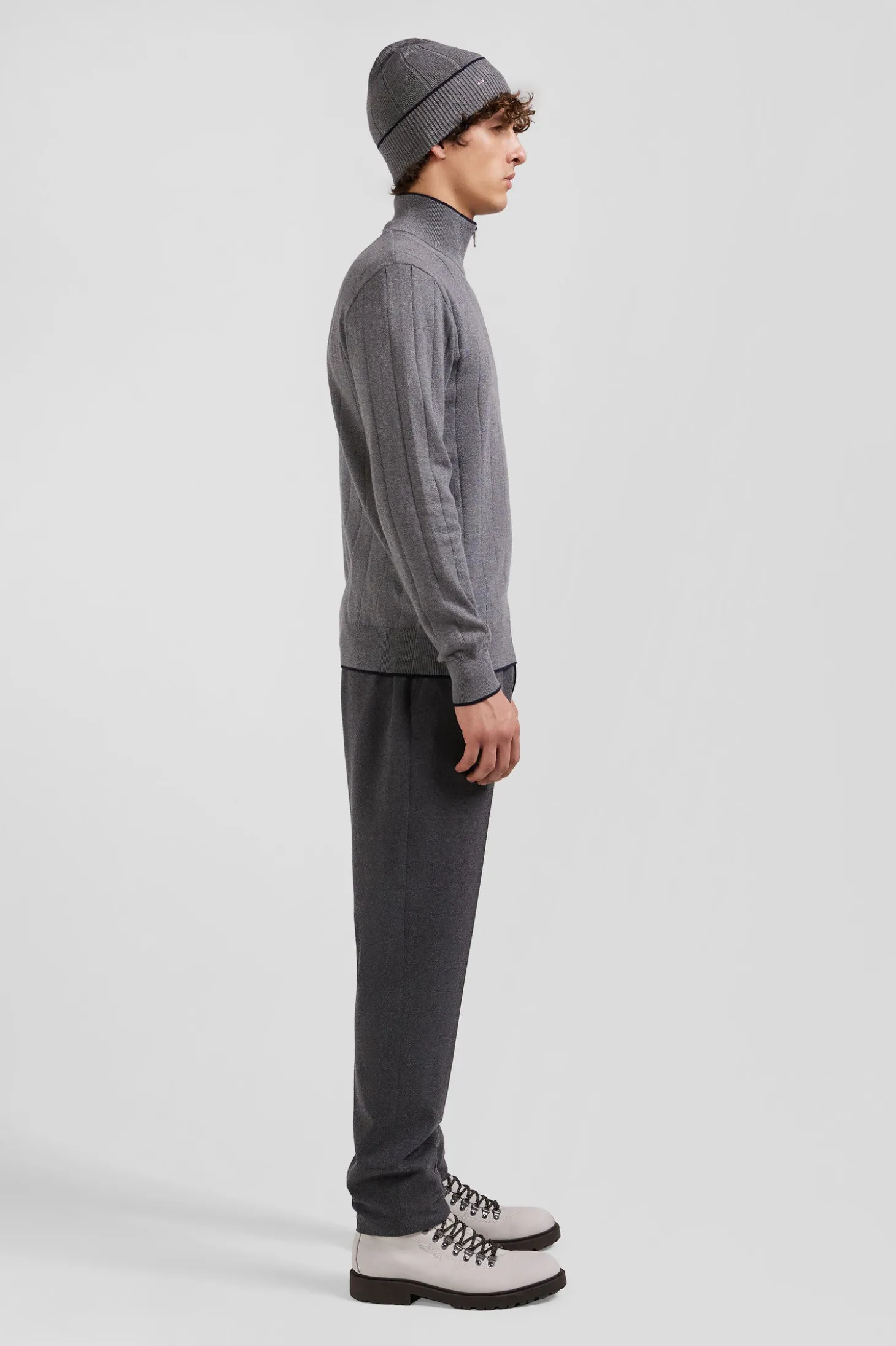 Pull col camionneur en coton et cachemire gris coupe Regular