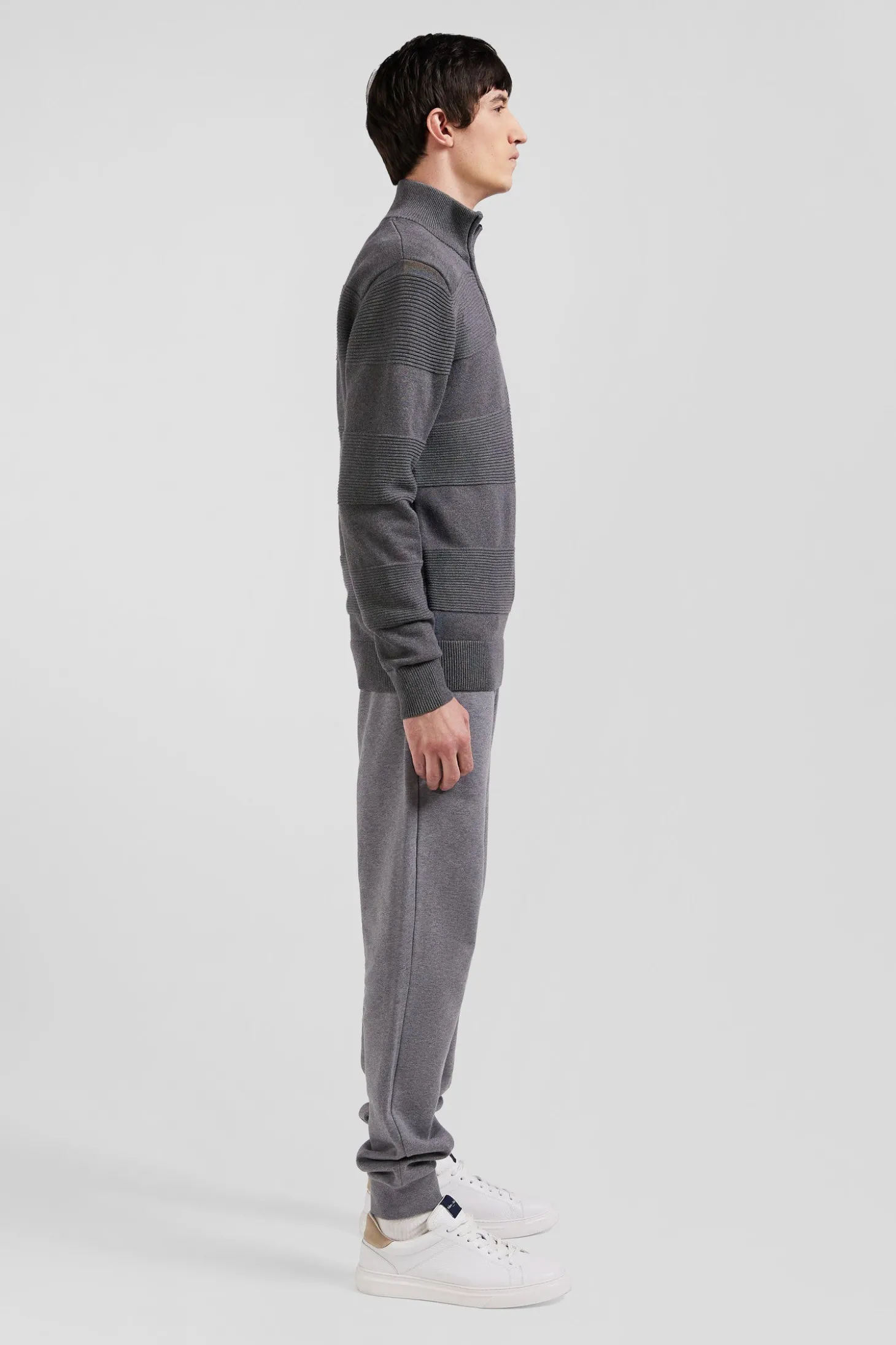 Pull col camionneur en coton gris à jeux de maille coupe Regular
