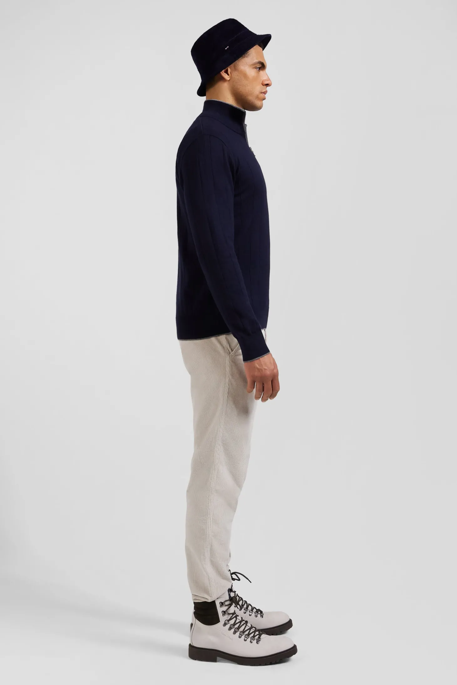 Pull col camionneur en coton et cachemire bleu marine coupe Regular