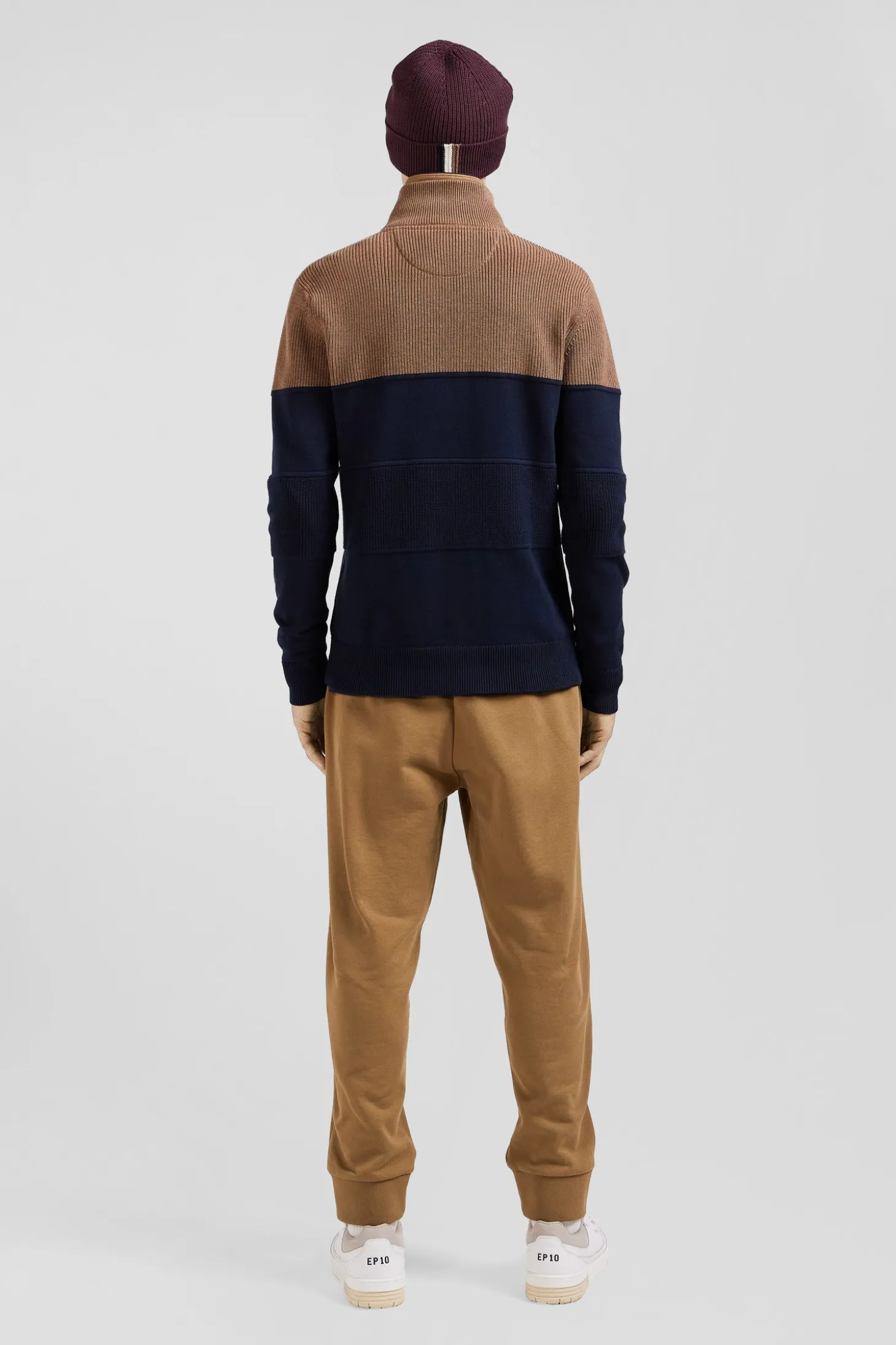 Pull col camionneur en coton camel à jeux de maille coupe Regular