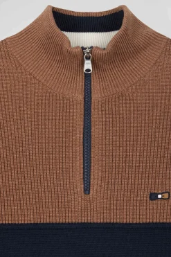 Pull col camionneur en coton camel à jeux de maille coupe Regular