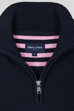 Pull col camionneur en coton bleu marine à jeux de maille coupe Regular