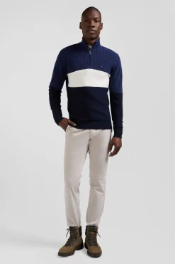 Pull col camionneur montant en coton bleu foncé à jeux de maille coupe Regular