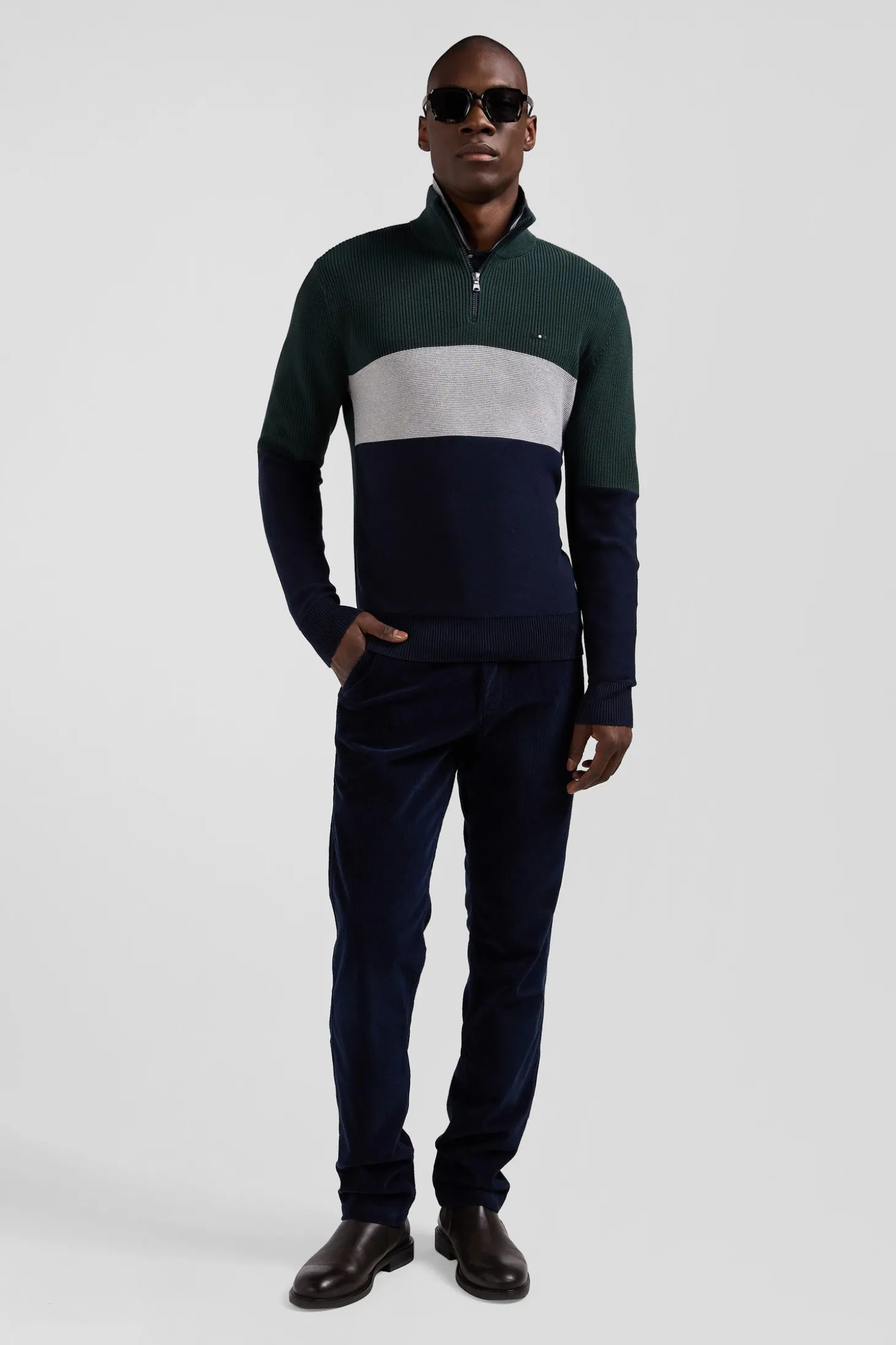 Pull col camionneur montant en coton vert à jeux de maille coupe Regular