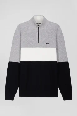 Pull col camionneur montant en coton gris à jeux de maille coupe Regular