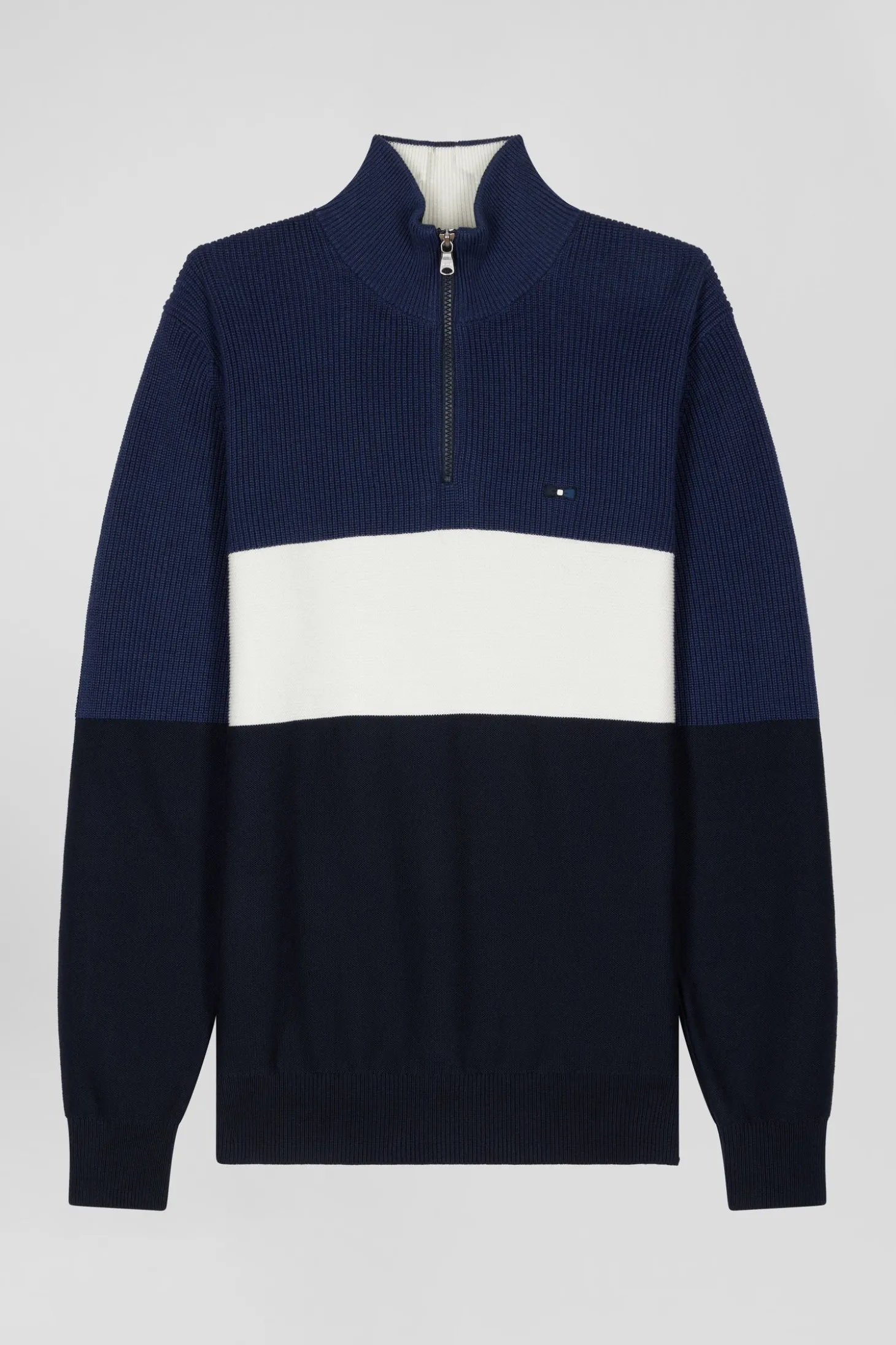Pull col camionneur montant en coton bleu foncé à jeux de maille coupe Regular