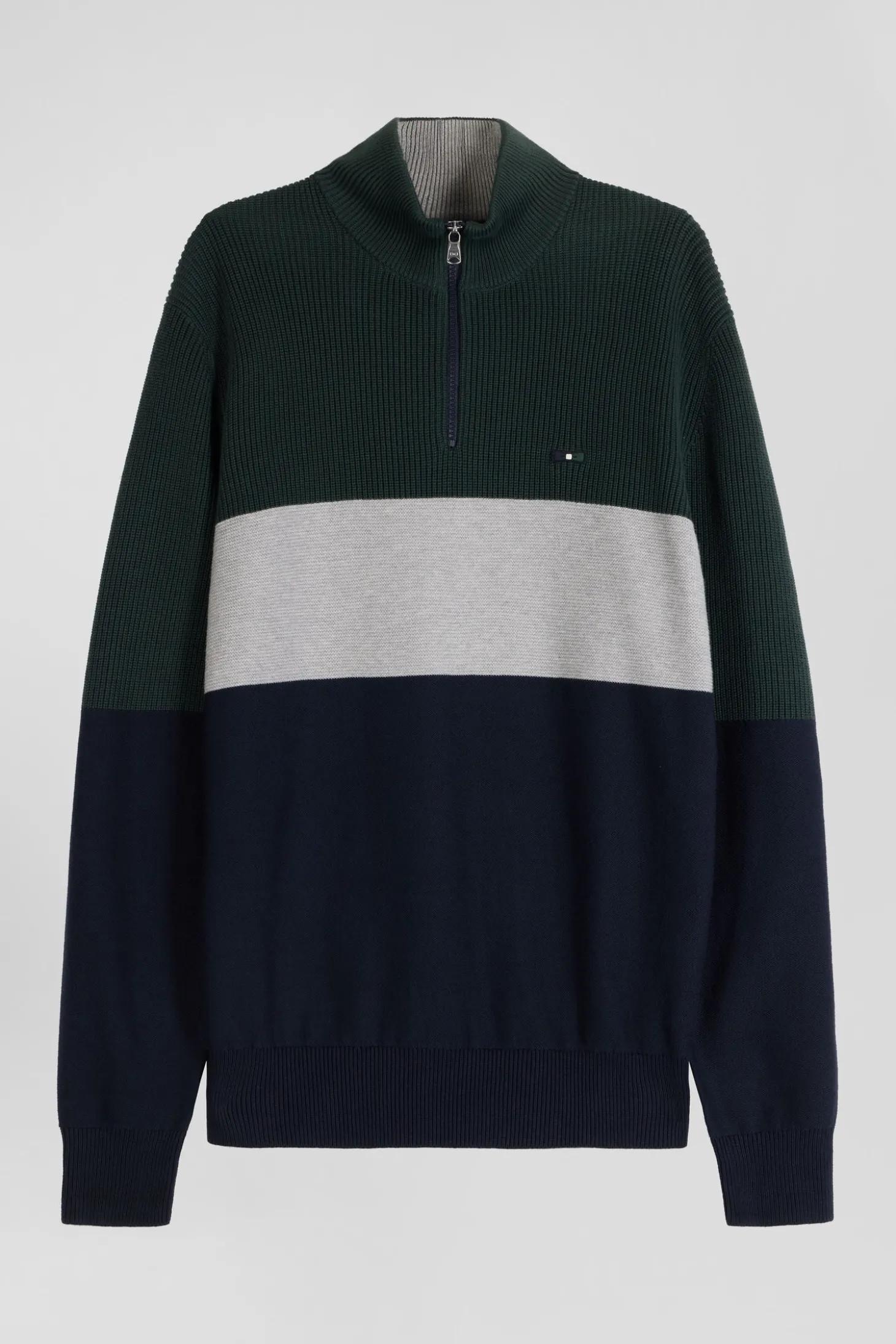 Pull col camionneur montant en coton vert à jeux de maille coupe Regular