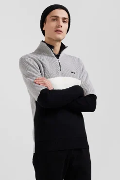 Pull col camionneur montant en coton gris à jeux de maille coupe Regular