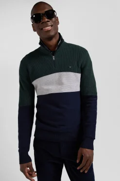 Pull col camionneur montant en coton vert à jeux de maille coupe Regular
