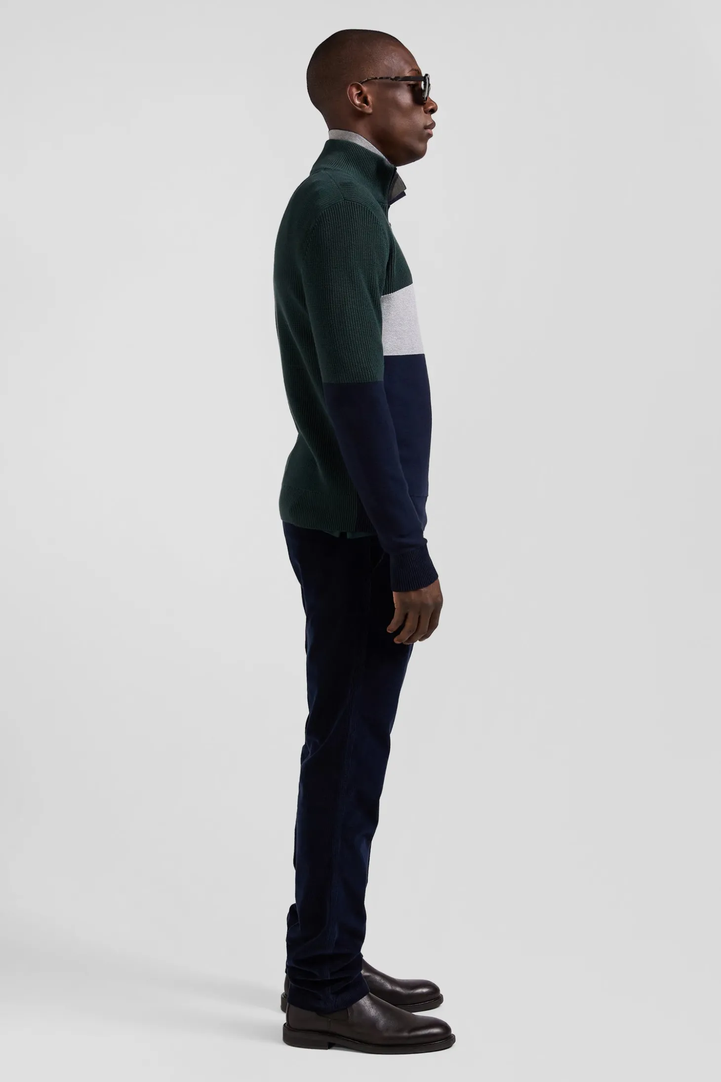 Pull col camionneur montant en coton vert à jeux de maille coupe Regular