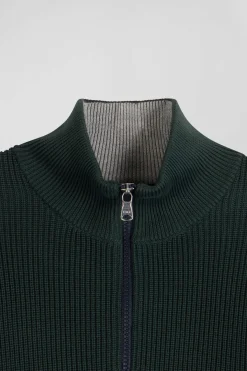 Pull col camionneur montant en coton vert à jeux de maille coupe Regular
