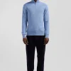 Pull col camionneur zippé uni en coton ciel coupe Regular