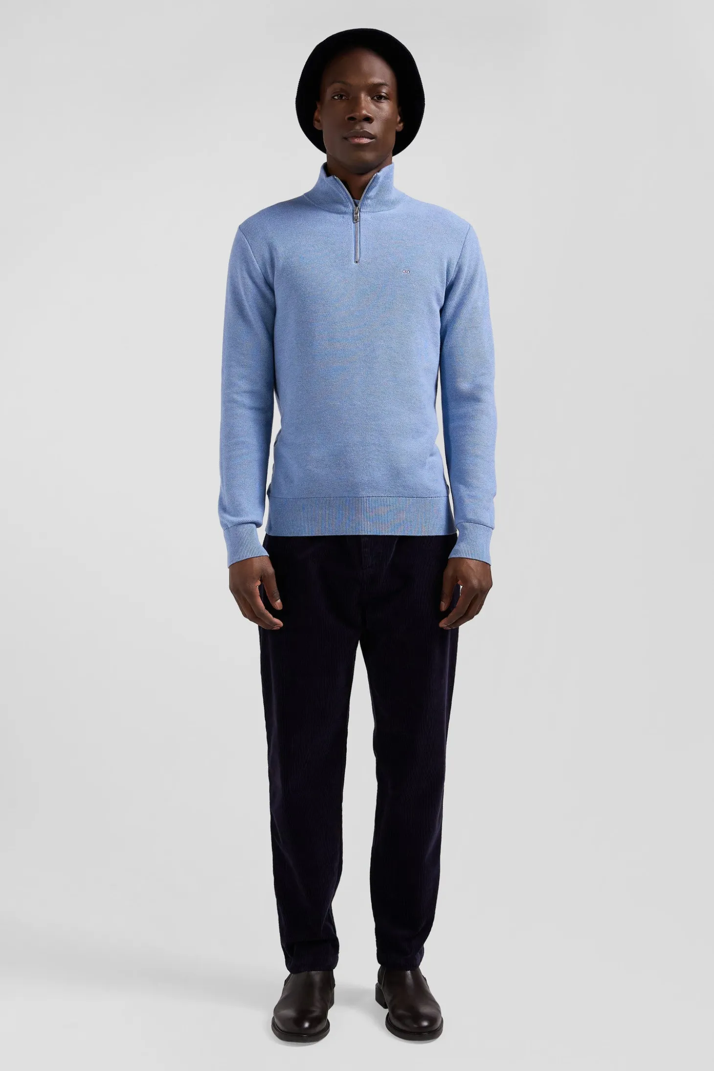 Pull col camionneur zippé uni en coton ciel coupe Regular