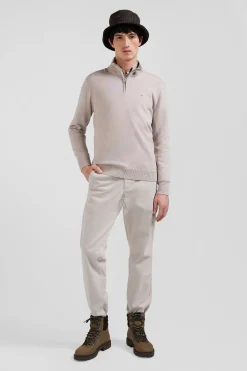 Pull col camionneur zippé en laine et coton beige coupe Regular