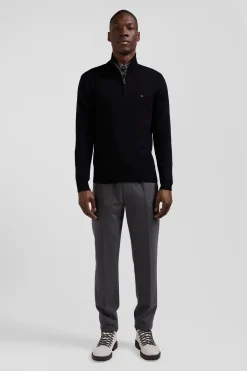 Pull col camionneur zippé en laine et coton noir coupe Regular