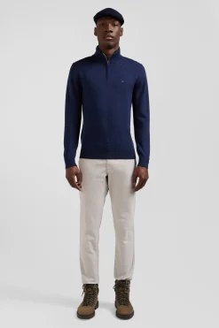 Pull col camionneur zippé en laine et coton bleu foncé coupe Regular