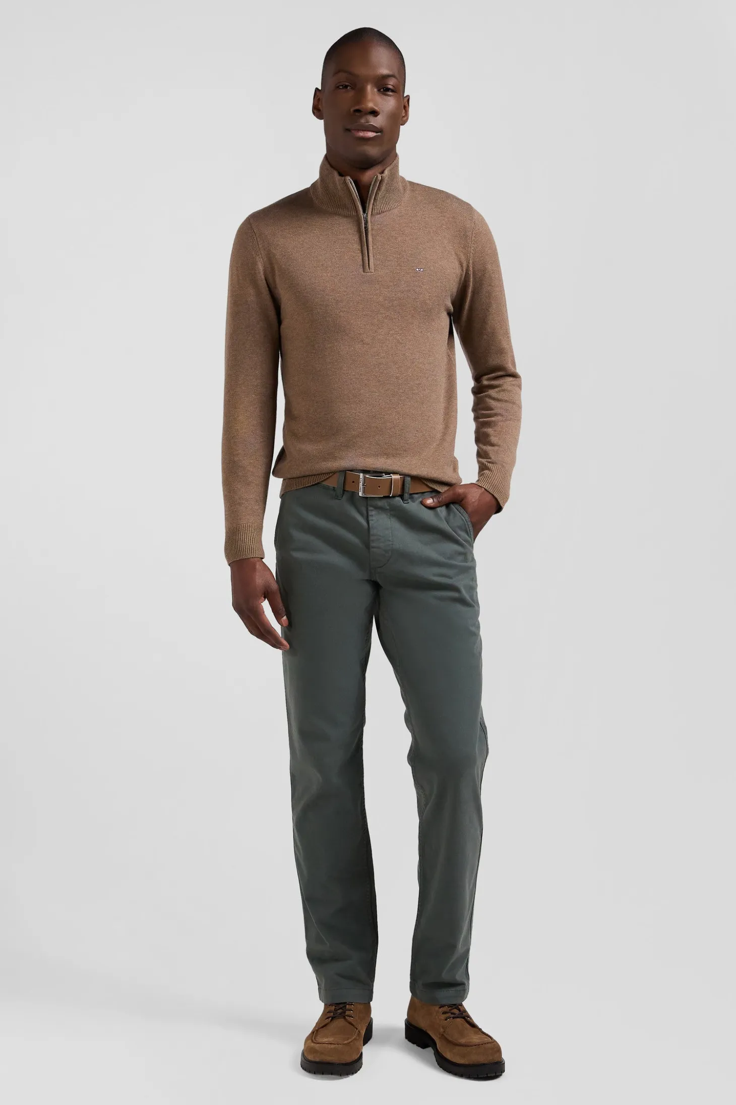 Pull col camionneur zippé en laine et coton marron coupe Regular