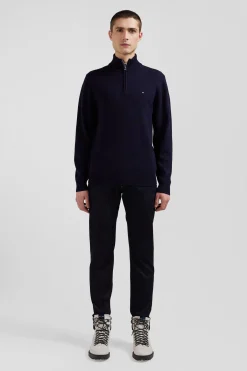 Pull col camionneur zippé en laine et coton bleu marine coupe Regular
