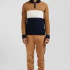 Pull col camionneur zippé colorblock en coton camel brodé coupe Regular