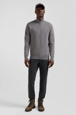 Pull col camionneur zippé uni en coton gris coupe Regular