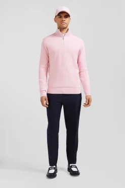 Pull col camionneur zippé uni en coton rose coupe Regular