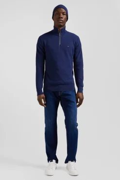 Pull col camionneur zippé uni en coton bleu foncé coupe Regular