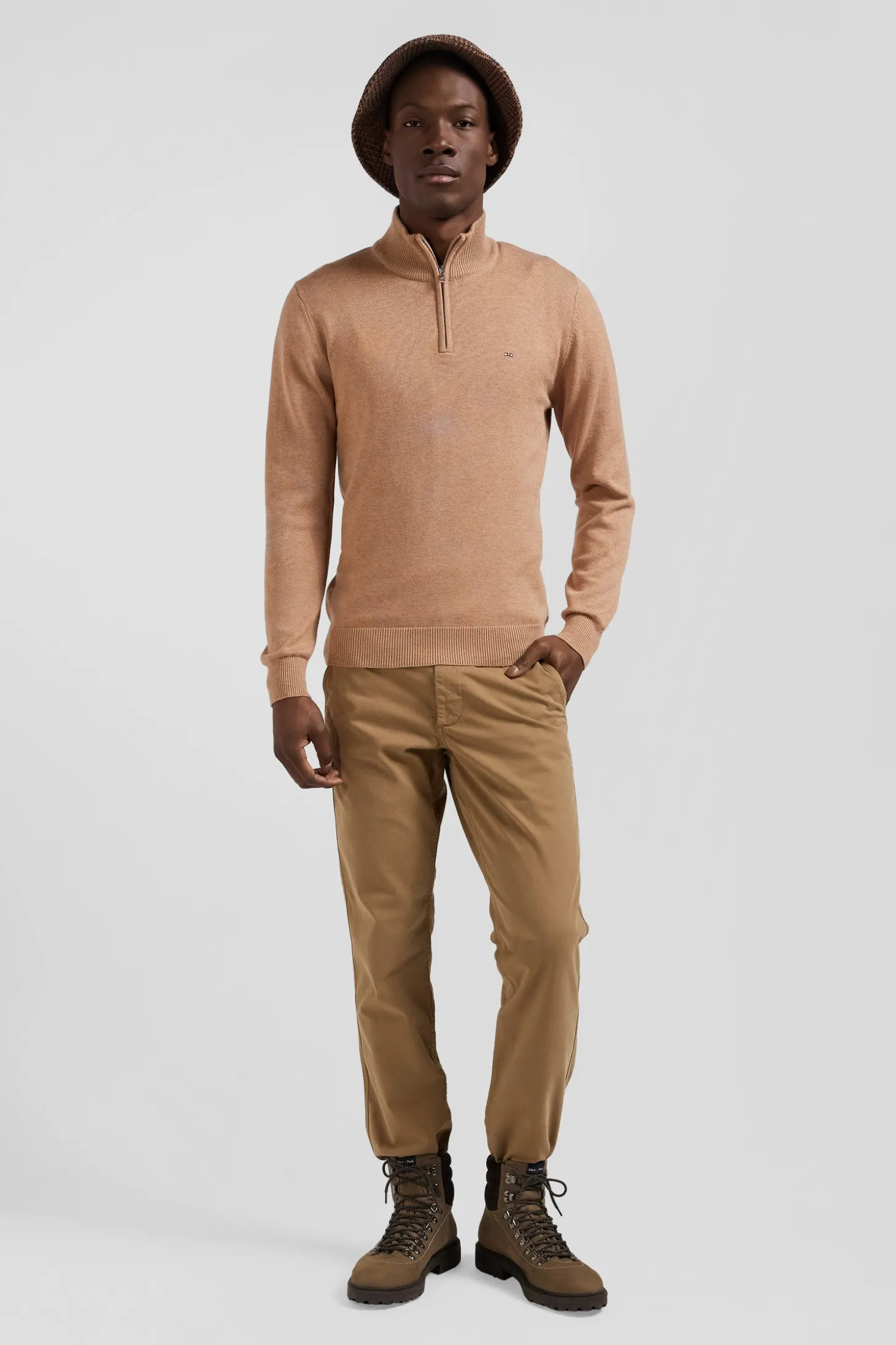 Pull col camionneur zippé en laine et coton camel coupe Regular