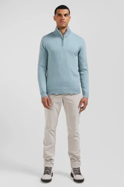 Pull col camionneur zippé en laine et coton vert coupe Regular