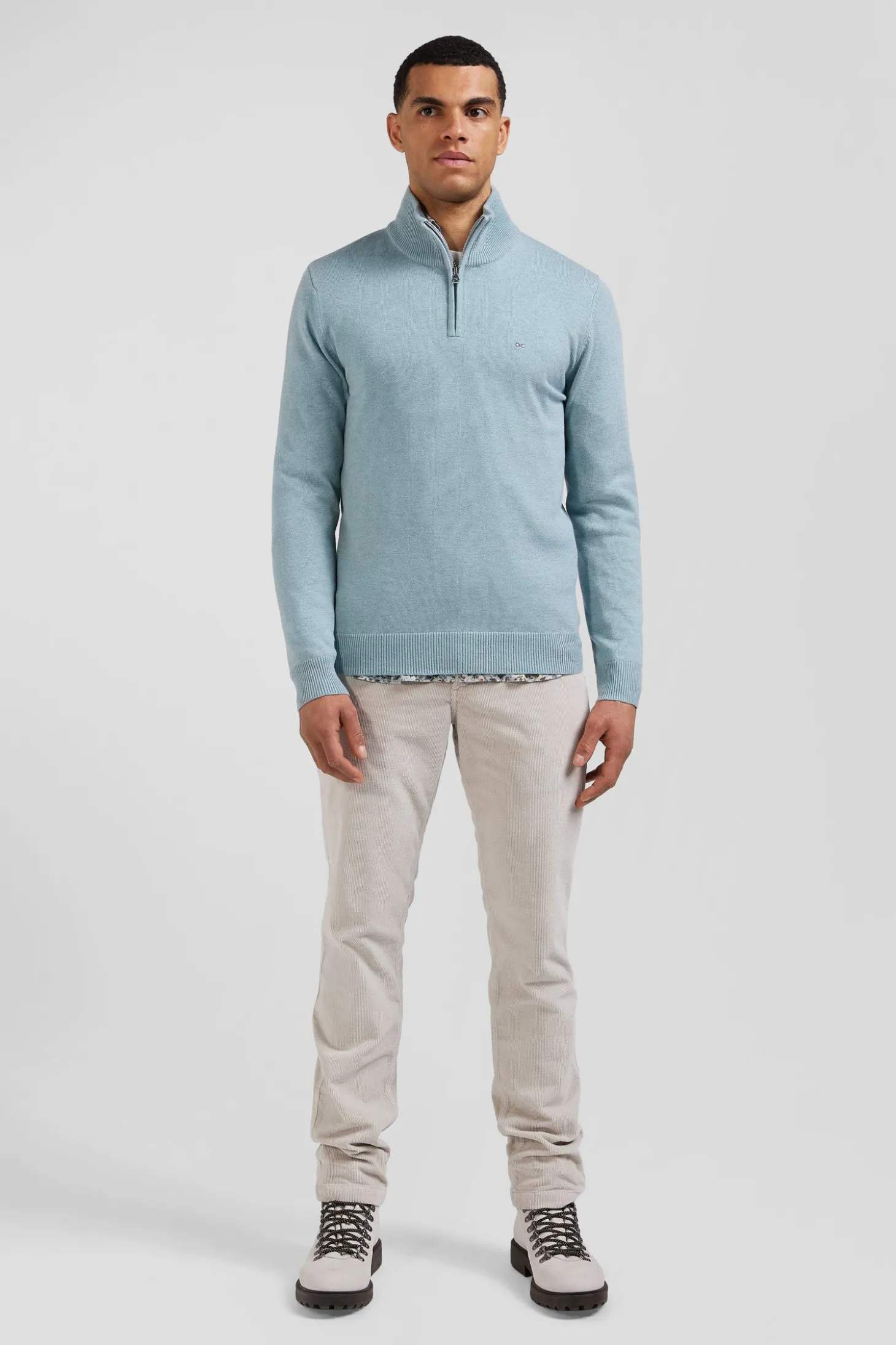 Pull col camionneur zippé en laine et coton vert coupe Regular