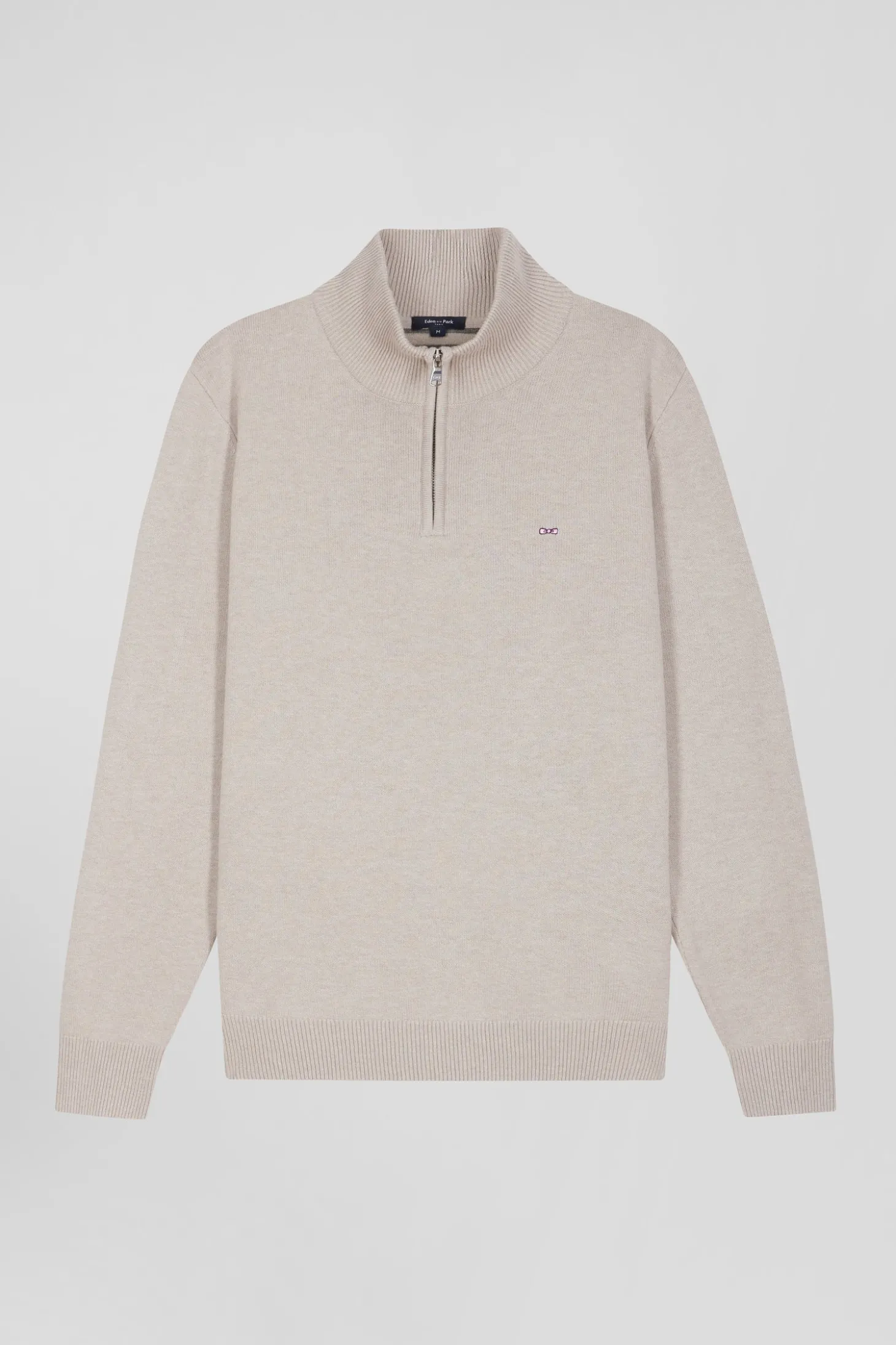Pull col camionneur zippé en laine et coton beige coupe Regular