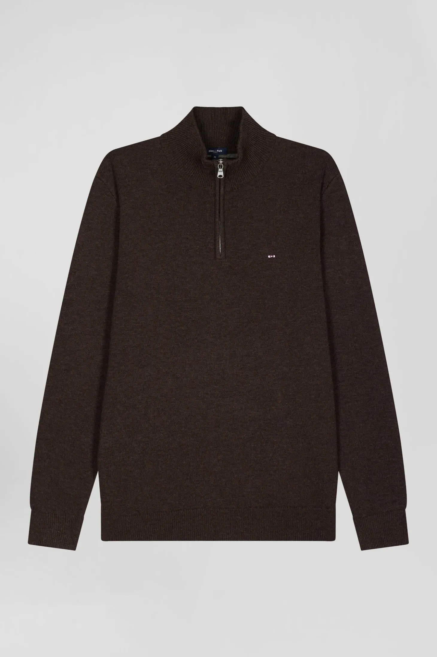 Pull col camionneur zippé en laine et coton brun coupe Regular
