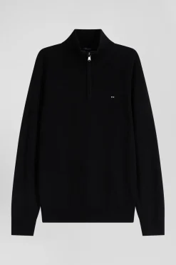 Pull col camionneur zippé en laine et coton noir coupe Regular