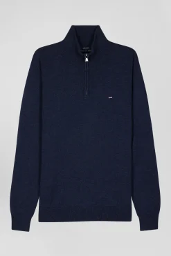 Pull col camionneur zippé en laine et coton bleu foncé coupe Regular