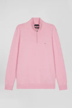 Pull col camionneur zippé en laine et coton rose coupe Regular