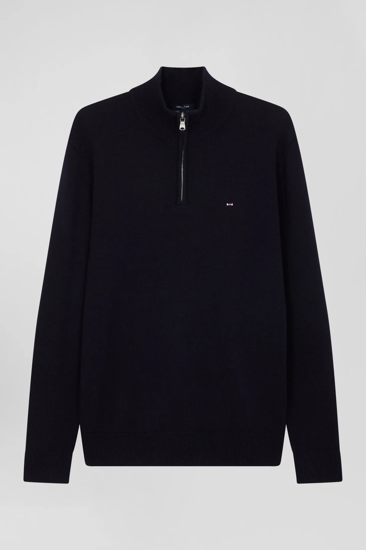 Pull col camionneur zippé en laine et coton bleu marine coupe Regular