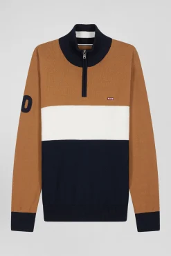 Pull col camionneur zippé colorblock en coton camel brodé coupe Regular