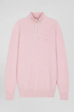 Pull col camionneur zippé uni en coton rose coupe Regular