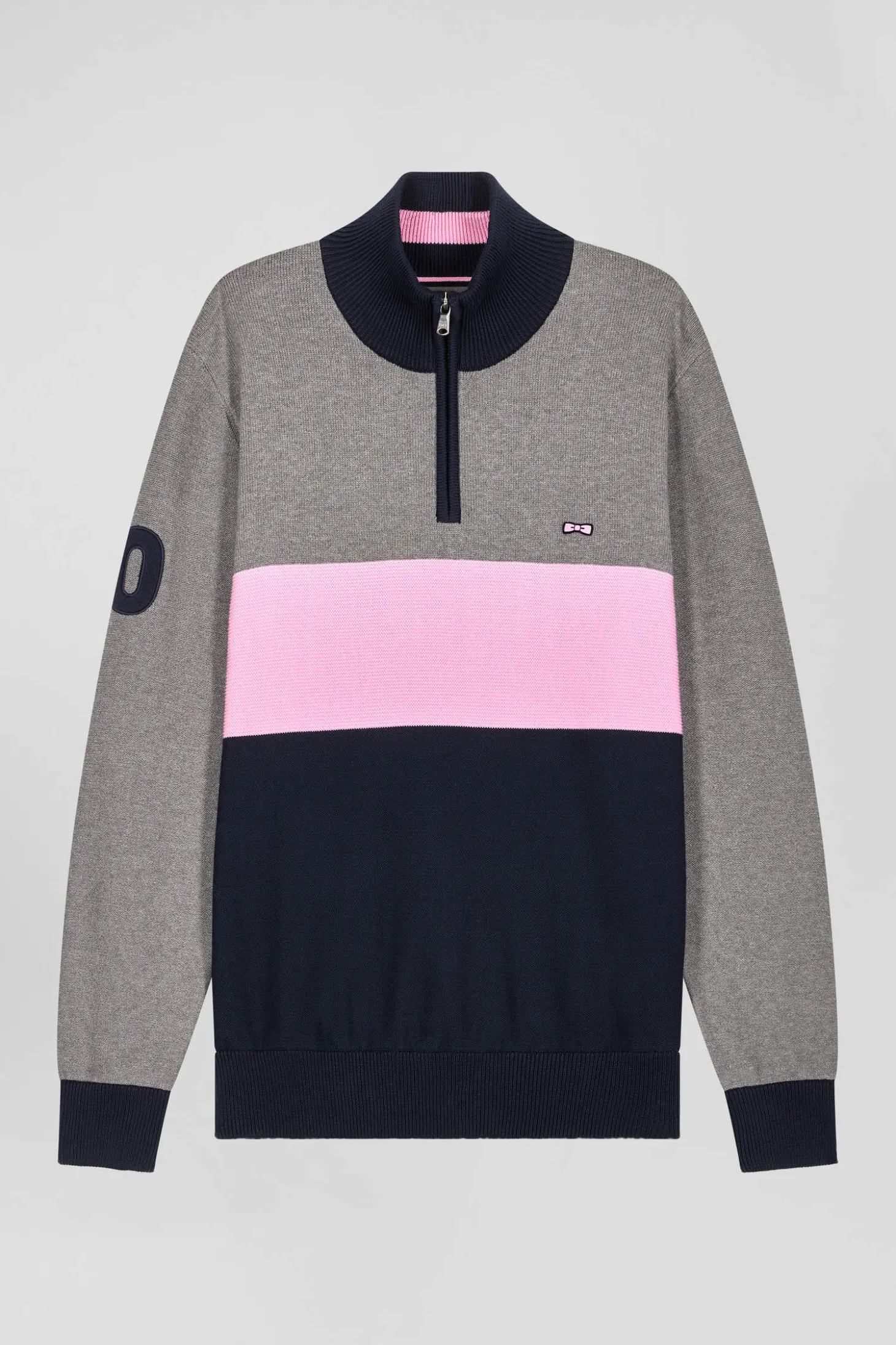 Pull col camionneur zippé colorblock en coton gris brodé coupe Regular