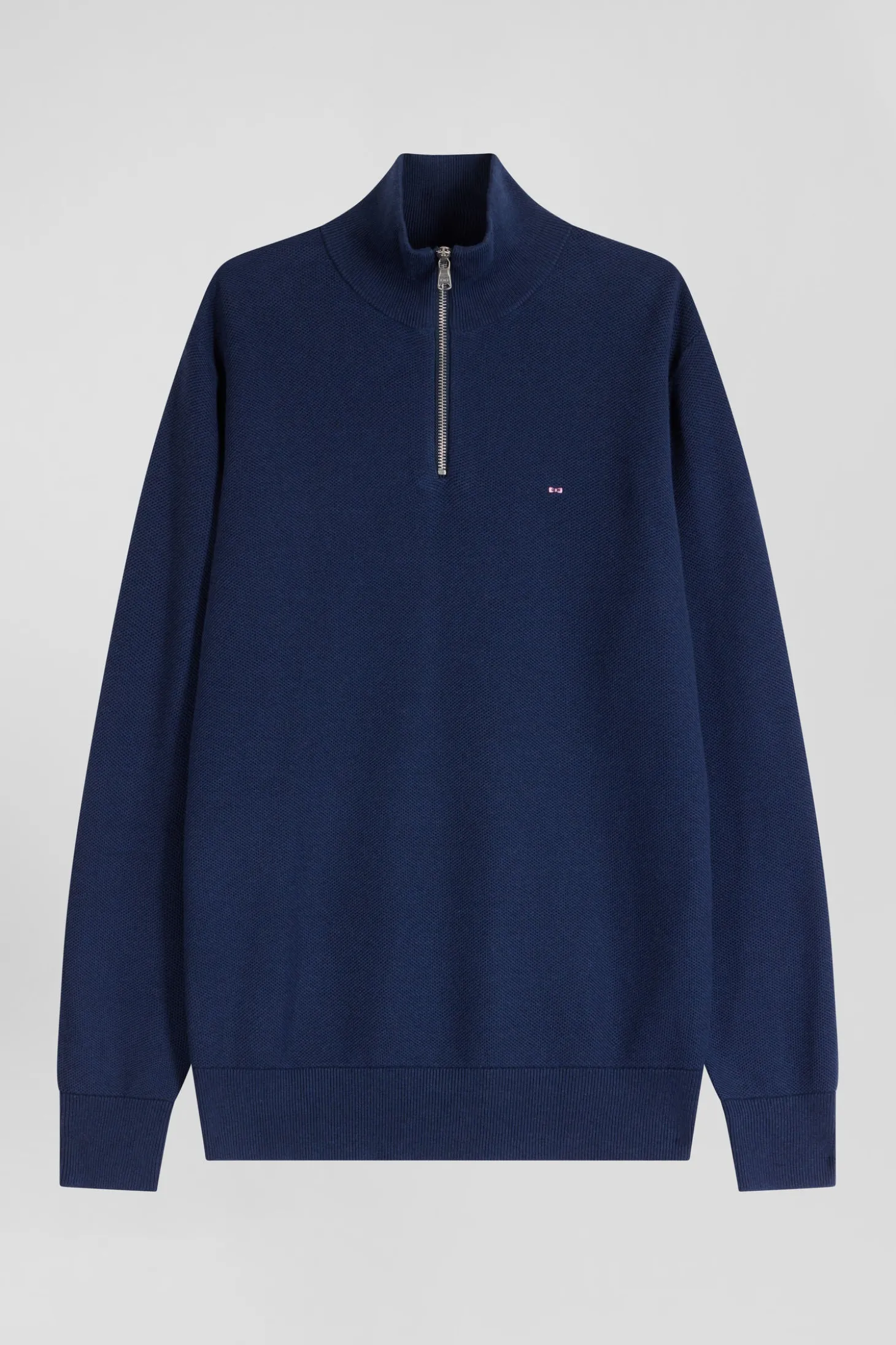 Pull col camionneur zippé uni en coton bleu foncé coupe Regular
