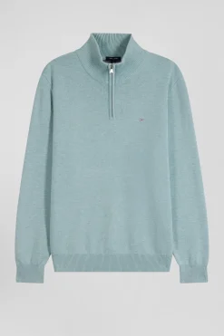 Pull col camionneur zippé en laine et coton vert coupe Regular