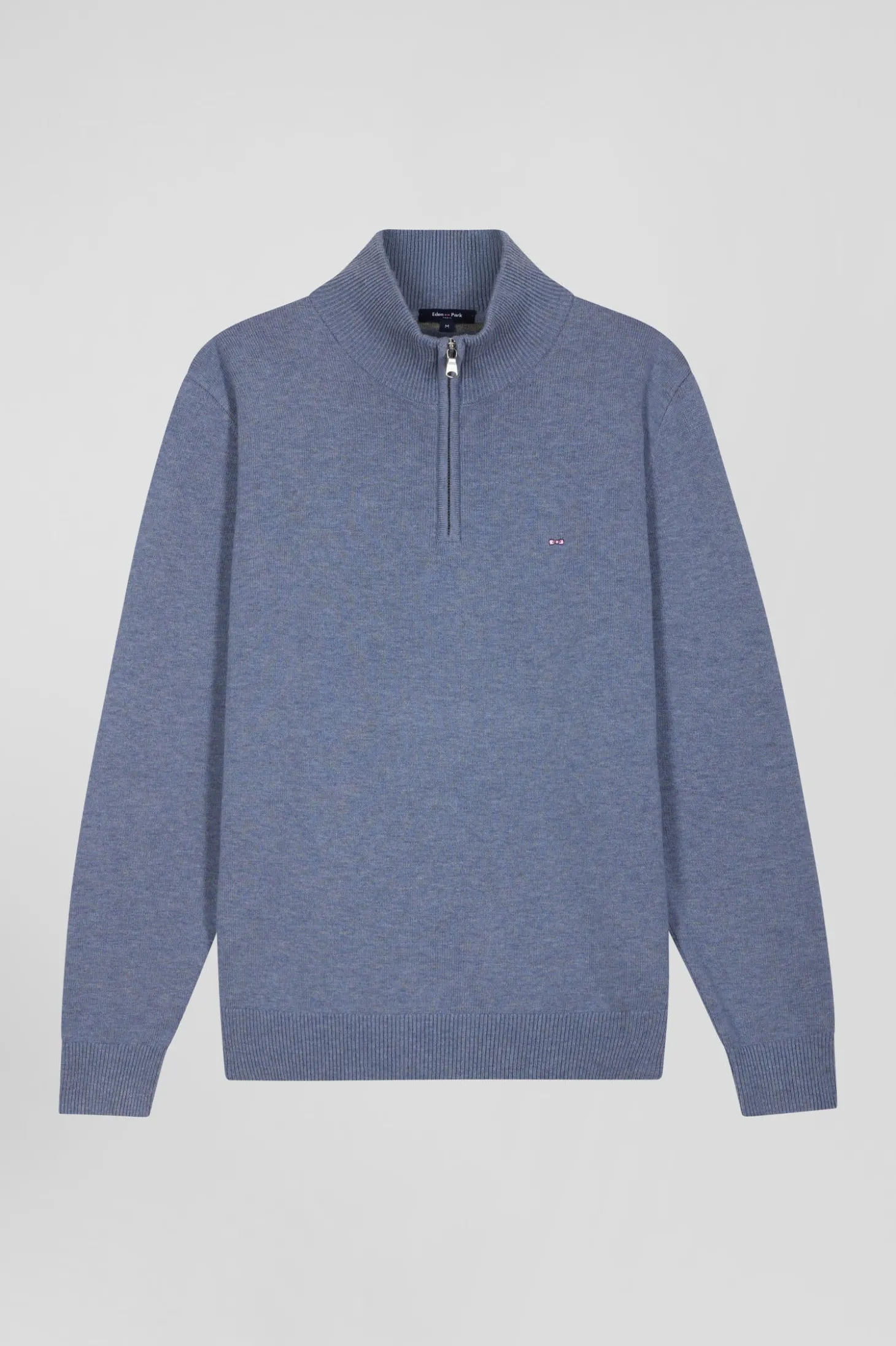 Pull col camionneur zippé en laine et coton bleu clair coupe Regular