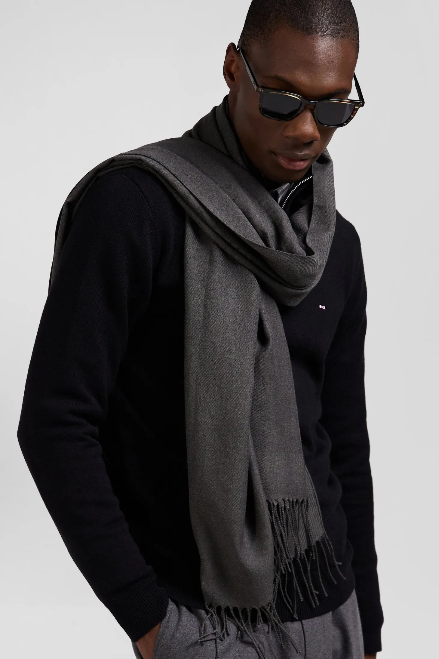 Pull col camionneur zippé en laine et coton noir coupe Regular